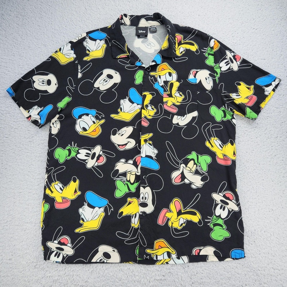 Disney Shirt Mens XL Black Mickey Mouse Donald Duck Goofy Pluto Button Up Rayon